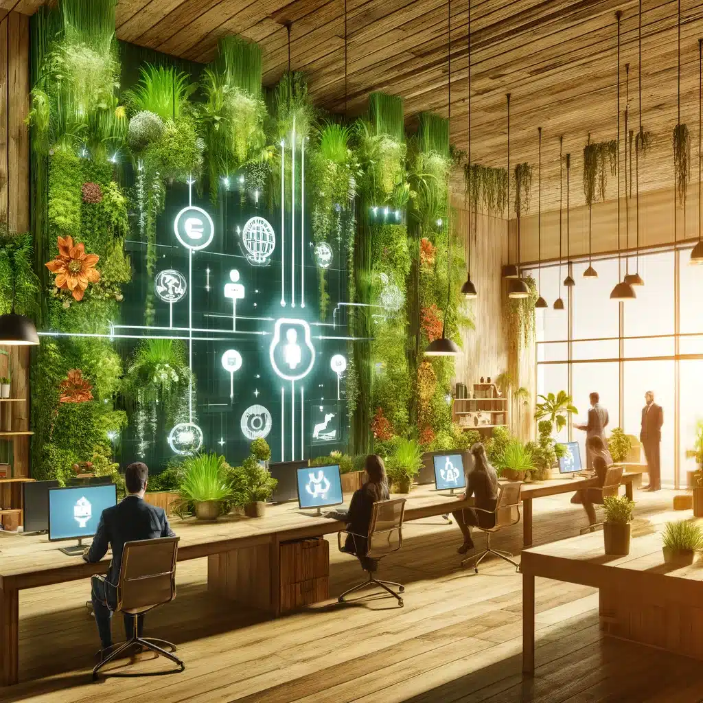 Dall·e 2024 04 27 09.45.56 An Artistic Representation Of A Smart Office With Emphasis On Green Technology And Sustainability. The Image Shows A Lush Vertical Garden Integrated I